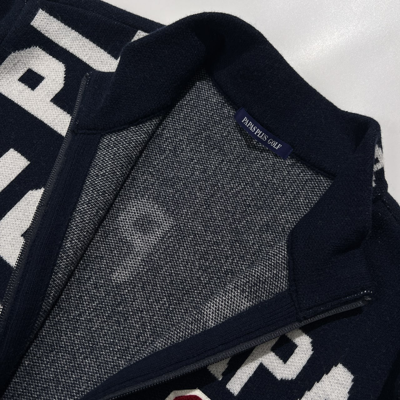 PAPAS PLUS GOLF パパス プラス ゴルフ ロゴ入り ナンバリング ジップアップ ウールニット ジャケット サイズ M /メンズ/ネイビー/日本製