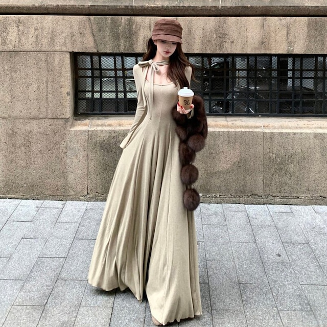 2colors ロングワンピース リボン シンプル ダークベージュ ブラック S M L