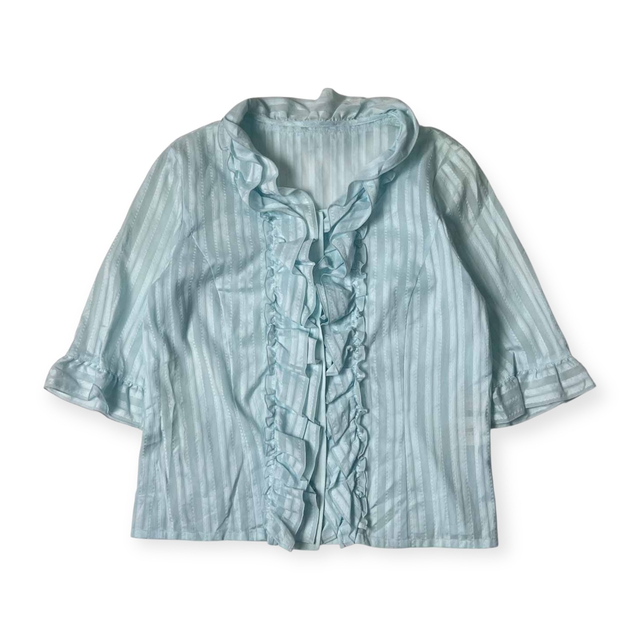 Leilian レリアン ストライプ フリル 七分袖 シアーシャツ ブラウス 11/水色 レディース