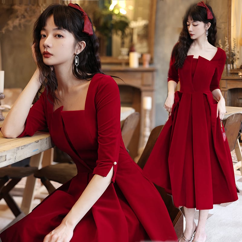 花棠秀シリーズ】☆ワンピース☆ 成人式ドレス セクシー 赤 ベルベット  