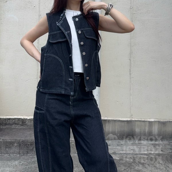 デニム セットアップ ベスト ジレ ロングパンツ 韓国 ストリート