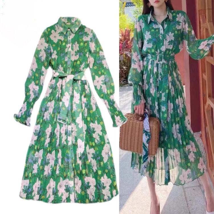 グリーンフラワーシフォンヴィンテージドレス2820010