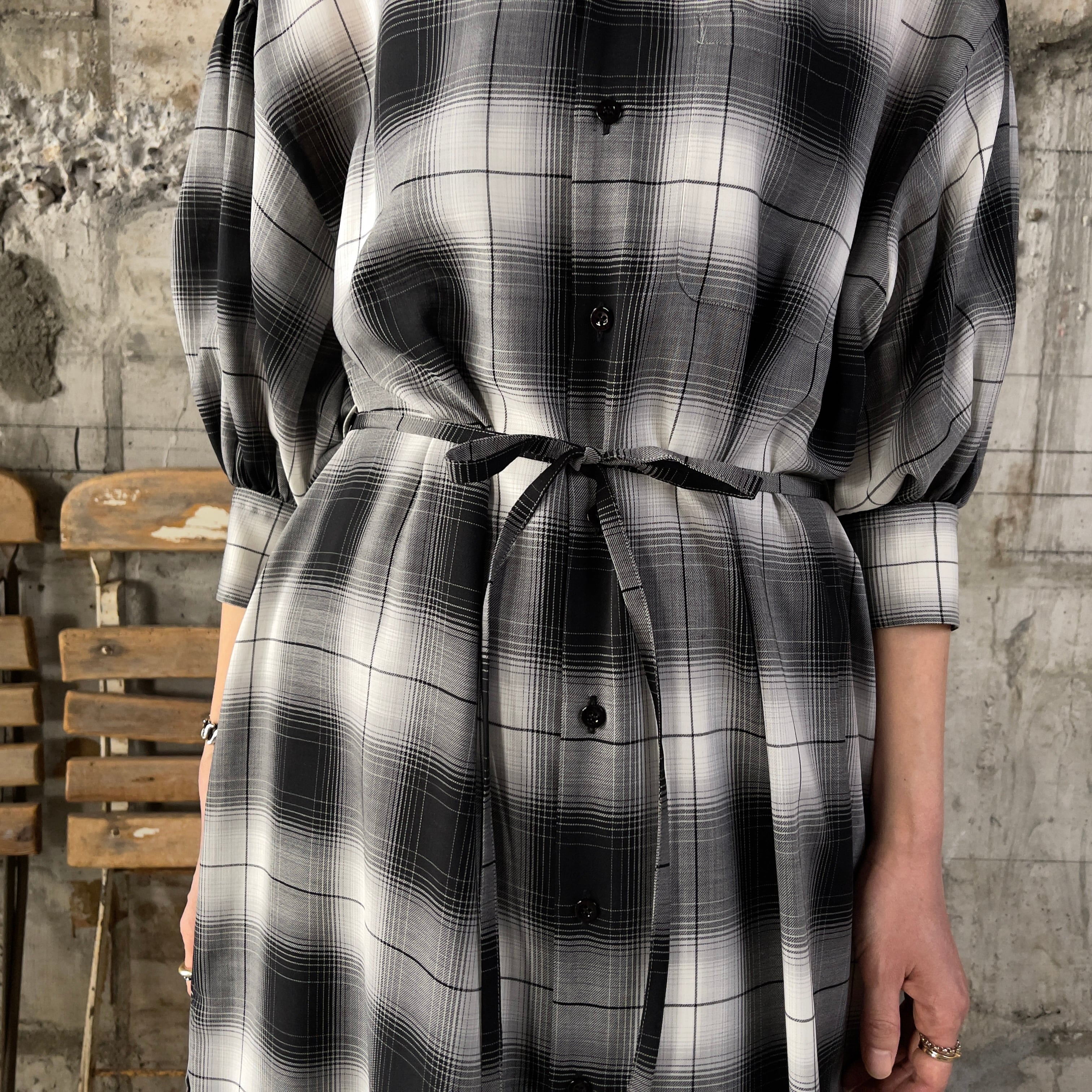 HYKE【ハイク】 T/W OMBRE CHECK BALLOON SLEEVE DRESS (16231