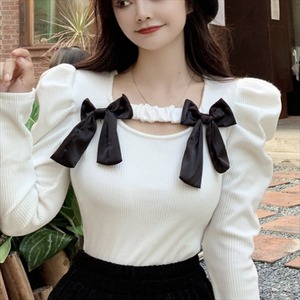 【送料無料】 セーター  リボン  無地  長袖  カジュアル系  大人可愛い  こなれ感  暖かい  暖かコーデ   厚手生地  レディースファッション  可愛い  韓国  20代・30代 フェミニン  冬  お出かけ  ホワイト  ブラック  シンプルデザイン
