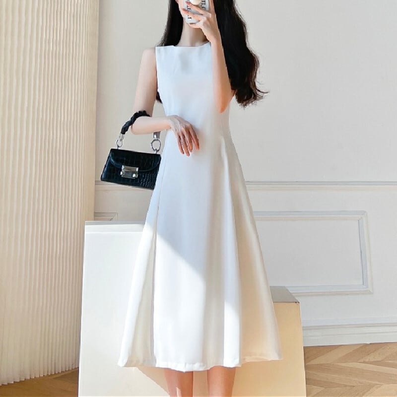 ワンピース エレガント 無地 ノースリーブ 白 フェミニン ロングワンピース ホワイト S M L Dresszone