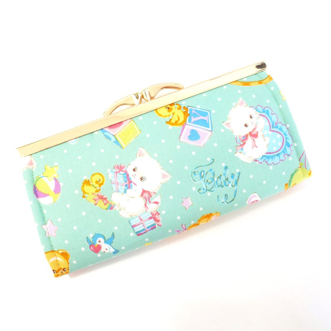 SALE] がま口長財布 スリムタイプ ねこちゃん・くまちゃん グリーン 猫 