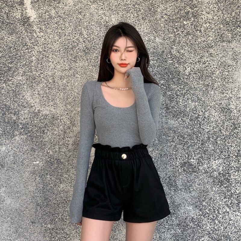 ショーツ ハイウェストウェストスリムブラックパンツ スプリングルーズAライン 春物 ブルマー ブラックストロベリース53430029677