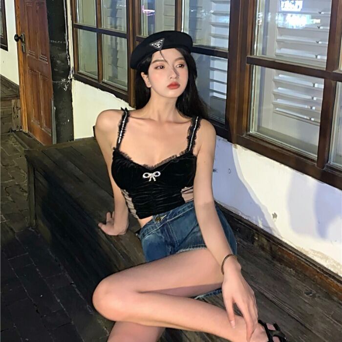 レースチェーン リボンスタンダードベルベットブラックサマー レトロ 夏物 ドラファッションホール45880496082