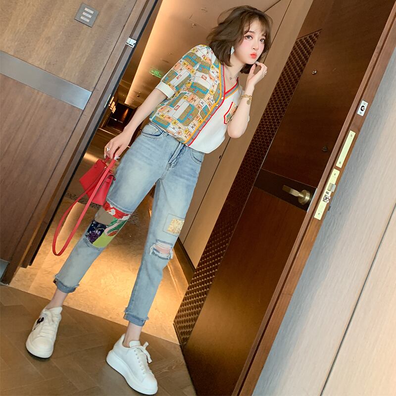 プリントスタイルシャツ ジーンズ サマー 夏物 ステッチ MIUCO77644596017