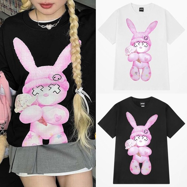 ユニセックス Tシャツ 半袖 うさぎ プリント ラビット オーバーサイズ ルーズ カジュアル 韓国ファッション メンズ レディース ストリート系ファッション TBN-789872817077
