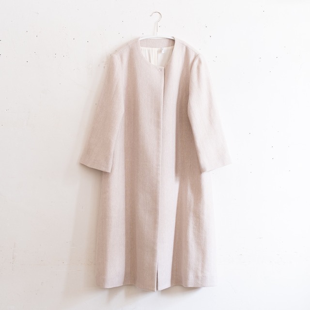 no collar coat／herringbone wool linen 〈beige×ivory〉