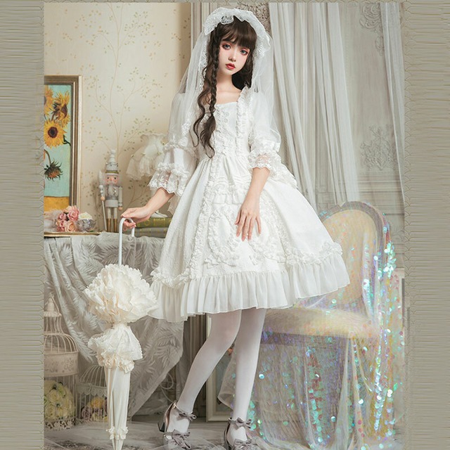 Lolita Op Dress ロリータドレス ウエディングドレス 姫袖 ワンピース オリジナル 甘ロリ ロリィタ 花嫁 お茶会 撮影 Cosplay イベント 春 夏 秋 冬 ロリ S L ホワイト Mintcat