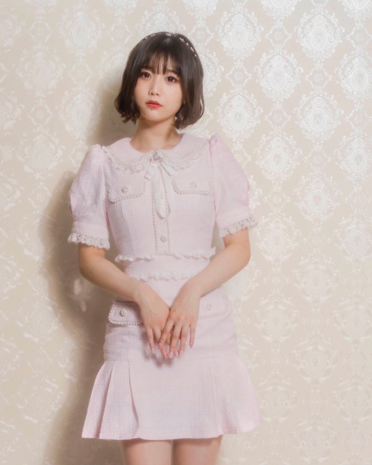 manon tokyo パフスリーブ ジャガードワンピース ミニ ピンク