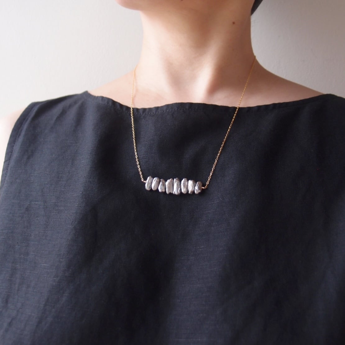 【K14gf】Biwa Pearl Bar Necklace/ビワパール バーネックレス(Gray)
