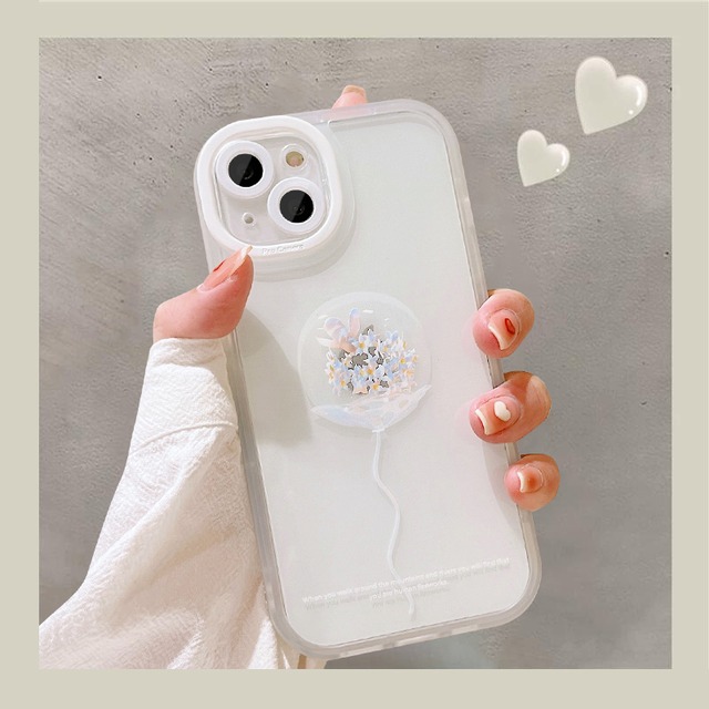 洗練された色味が可愛い◎半透明 ホワイト バルーンデザイン おしゃれ 花柄 プリント スマホケース ND-14540