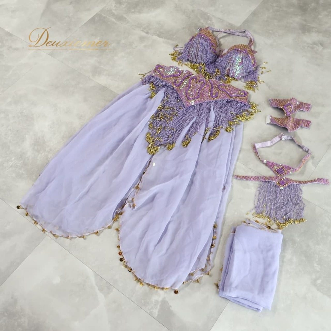 ベリーダンス オリエンタル 衣装 上下セット パープル系 トップス スカート ベルト チョーカー ベール アーム 紫 金 フリンジ 淡い 装飾 豪華 アーム飾り 腕飾り かわいい スリット 華やか ダンス衣装 イベント ステージ