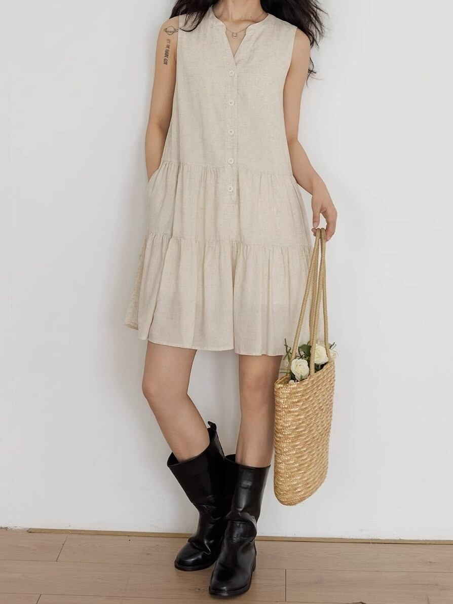 No Sleeve Linen Mix Midi One Piece*S-935