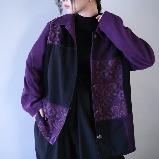 beautiful fabric switching design box silhouette fake suede shirt jacket