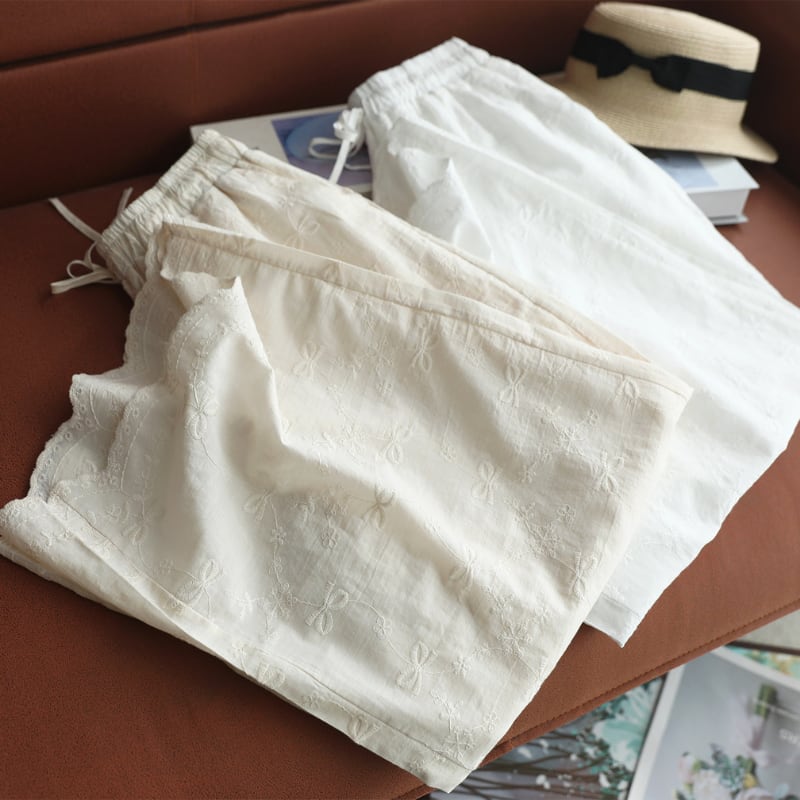 リボン刺繍入りストレートワイドパンツ W1916