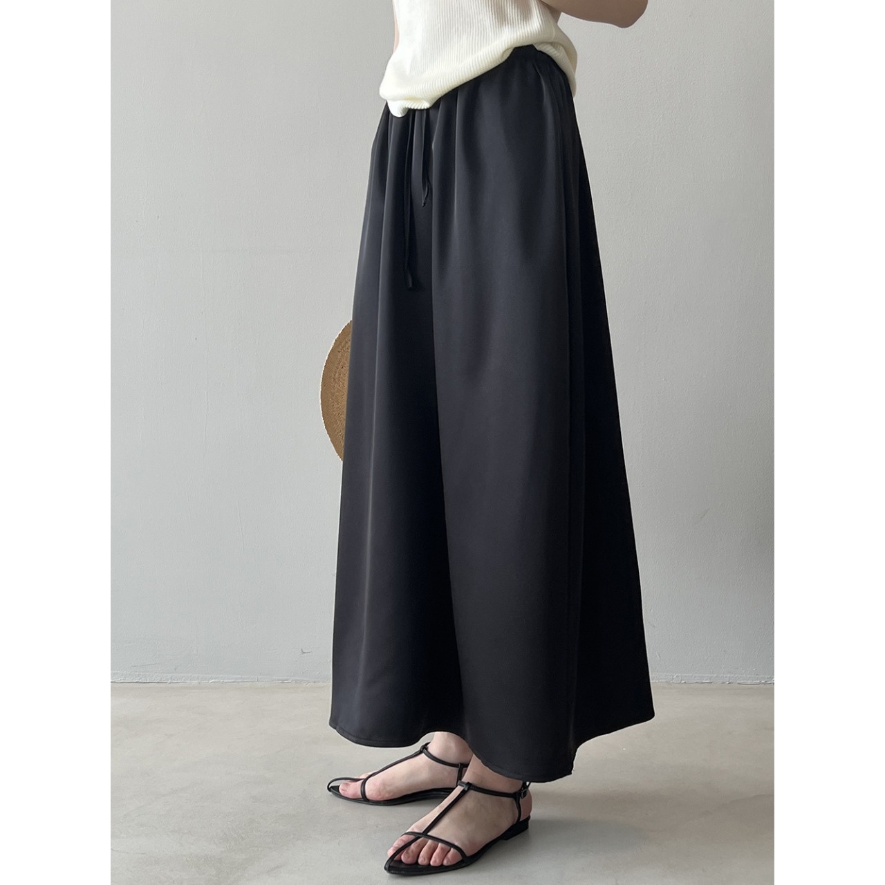 サテン レースアップ フレア ロングスカート 10082