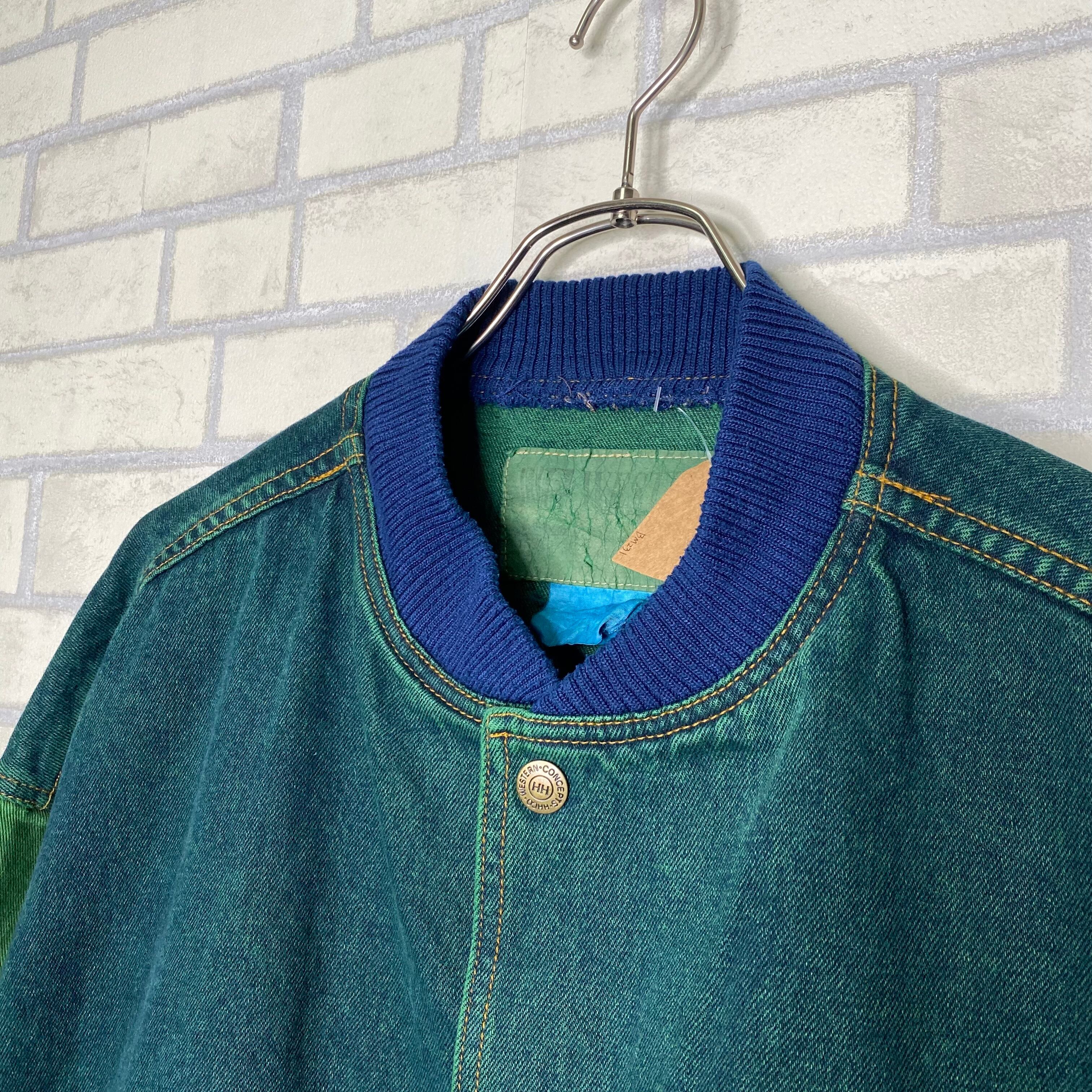 デニムスタジャン XL グリーン フロント刺繍 後染め | 古着屋OLDGREEN