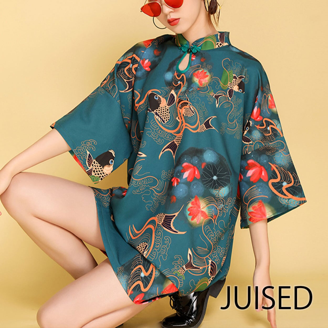 鯉 金魚プリント レトロ和柄 チャイナドレス 半袖tシャツワンピース Juiced チャイナドレス ワンピース や個性的でセクシーな海外ファッションの通販