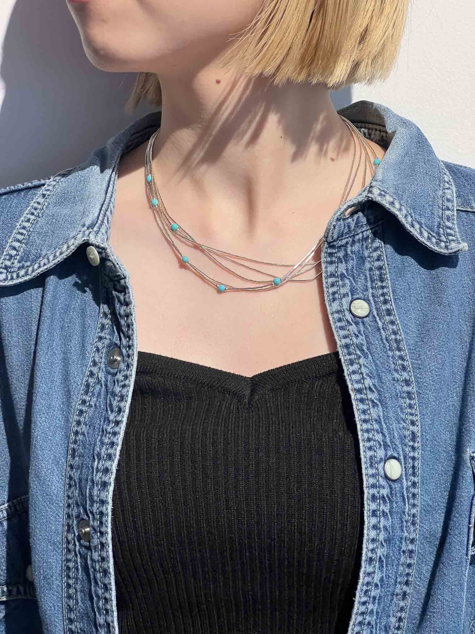 5連ターコイズビーズシルバーネックレス Five strands silver necklace