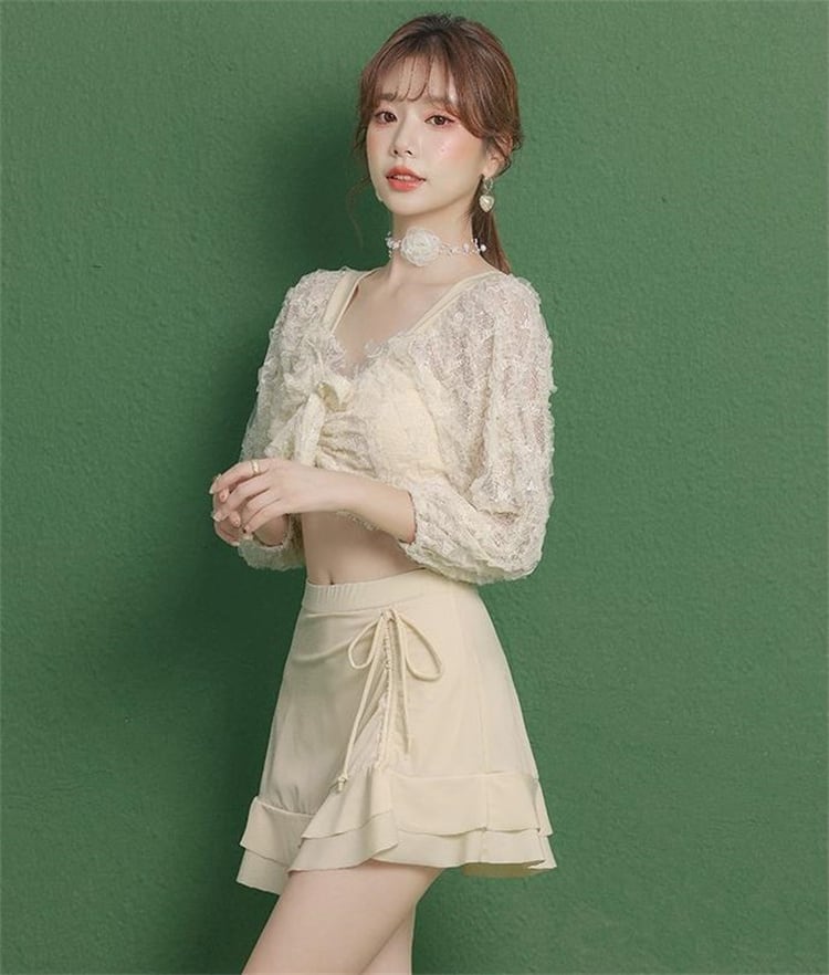 魅力を増すコツ 長袖 水着 sweet系 2点セット ワンピース水着 温泉