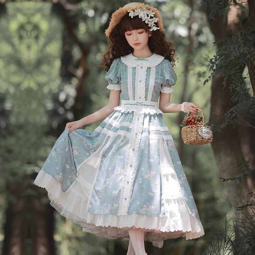 サブカル 服 地雷系 通販 クラロリ ワンピース 半袖 花柄 フリル ウエスト刺繍 レトロ ガーリー 甘め量産型 ろりぃた ロリィタ 服