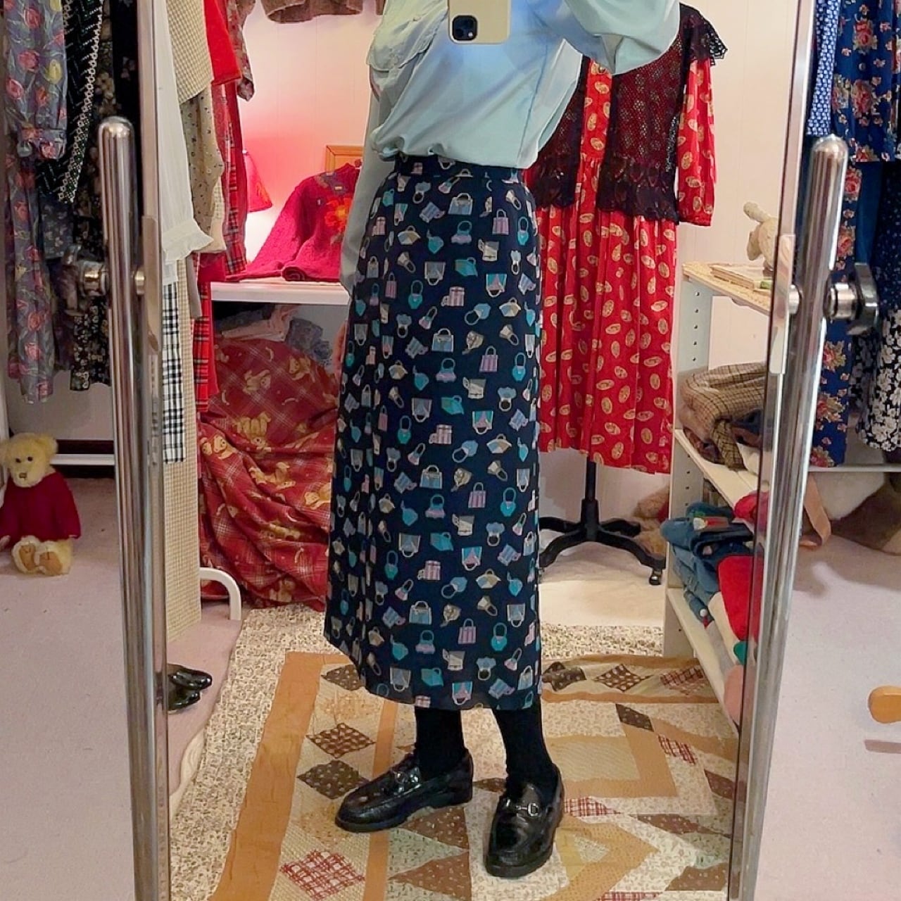 navy retro hand bag sheer skirt