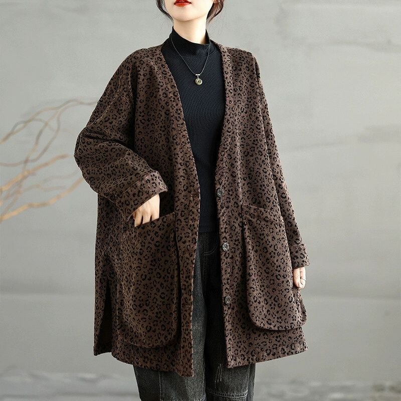 LEOPARD CORDUROY V-NECK OVERSIZED CARDIGAN JACKET 1color M-14737