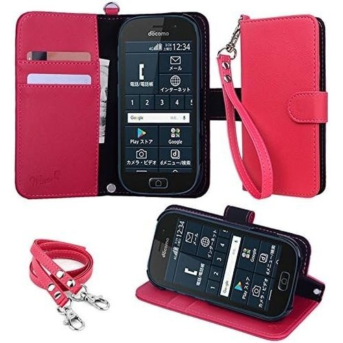 wisers らくらくスマートフォン F-42A / me F-01L 対応 手帳型スマホケース ピンク 着脱しやすい カードホルダー/スタンド機能付き ストラップ 2種付き ハンドストラップ/ネックストラップ 207
