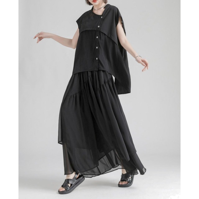 Chiffon asymmetrical tiered maxi skirt C1076