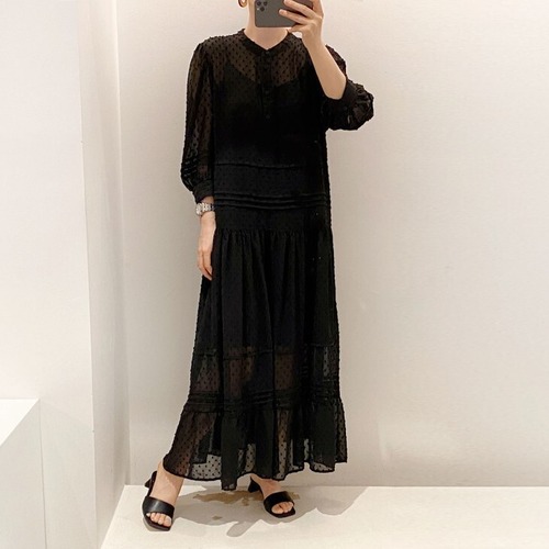 ロング ワンピース インナー付き 長袖 ドット ラウンドネック ティアード 上品 お呼ばれ シースルー 大人 シンプル ybh0437