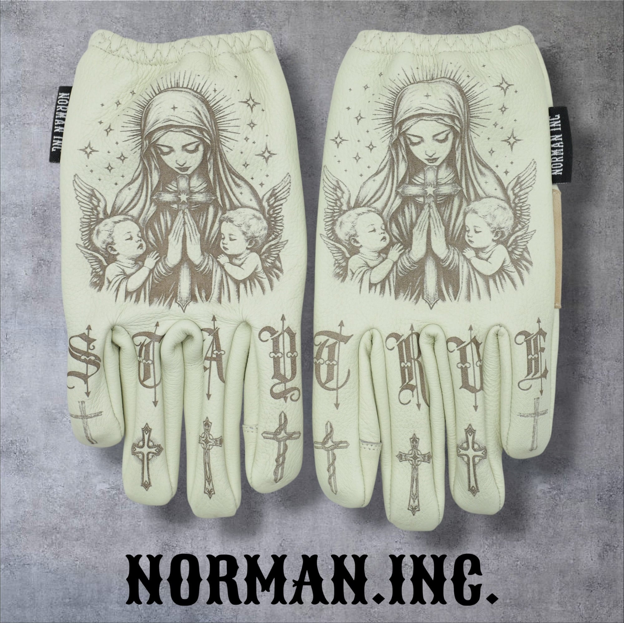 鹿革　ショート　レザーグローブ　スマホ対応　タトゥー　アメリカン　バイク　白XL Norman.inc.