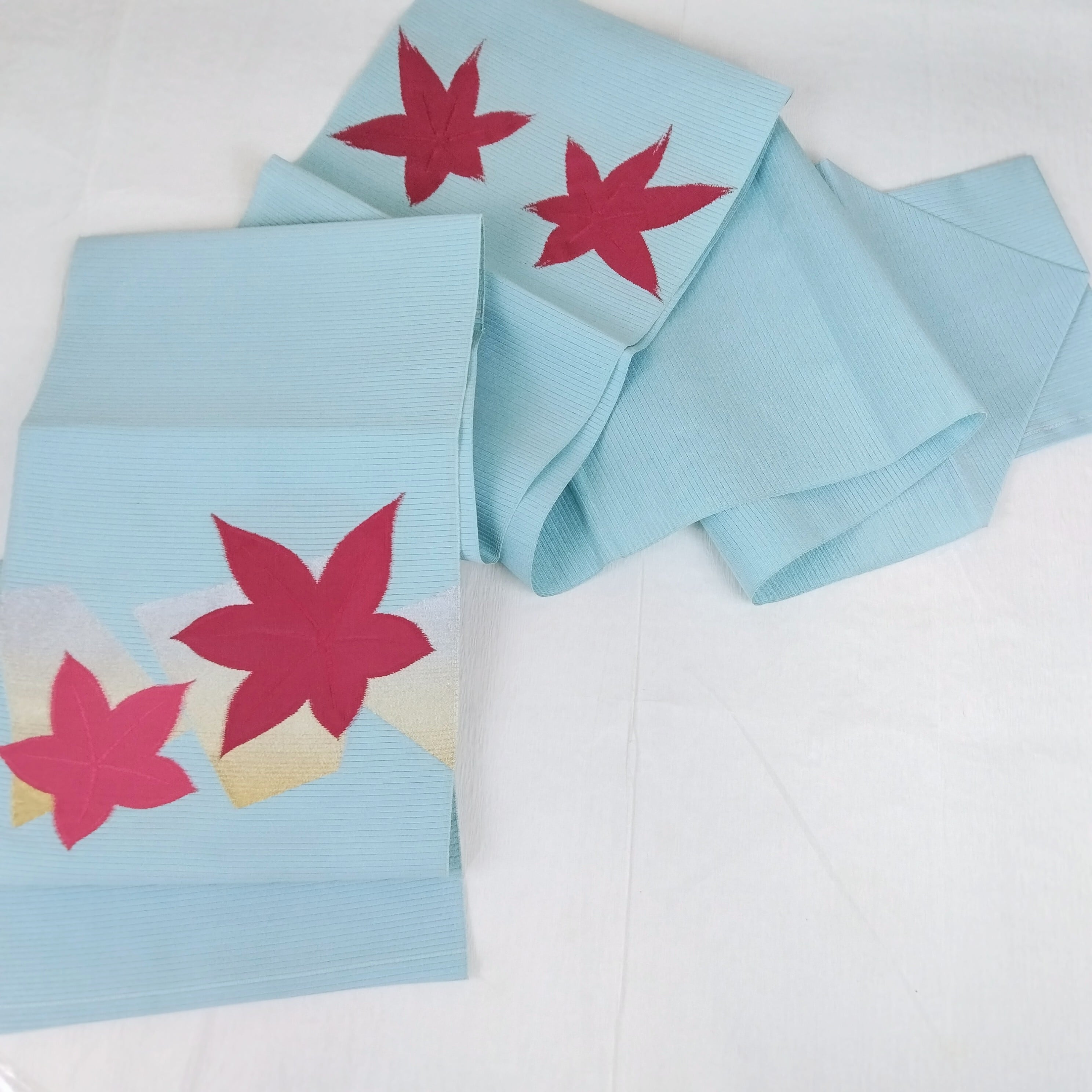 夏帯 絽綴 名古屋帯 水色 楓模様織出し 紅葉 | リユースきもの すずらん