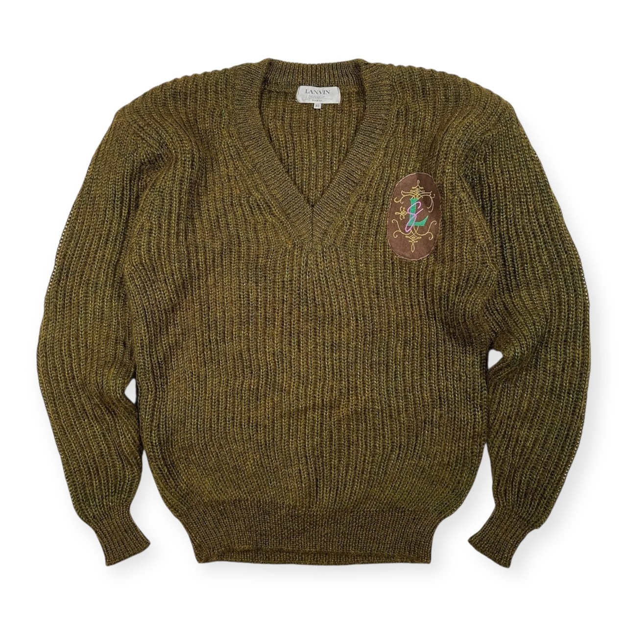 LANVIN ランバン モヘア混 Vネック ウールニットセーター サイズ 50 /ビンテージ/C-TK2471/カーキグリーン系
