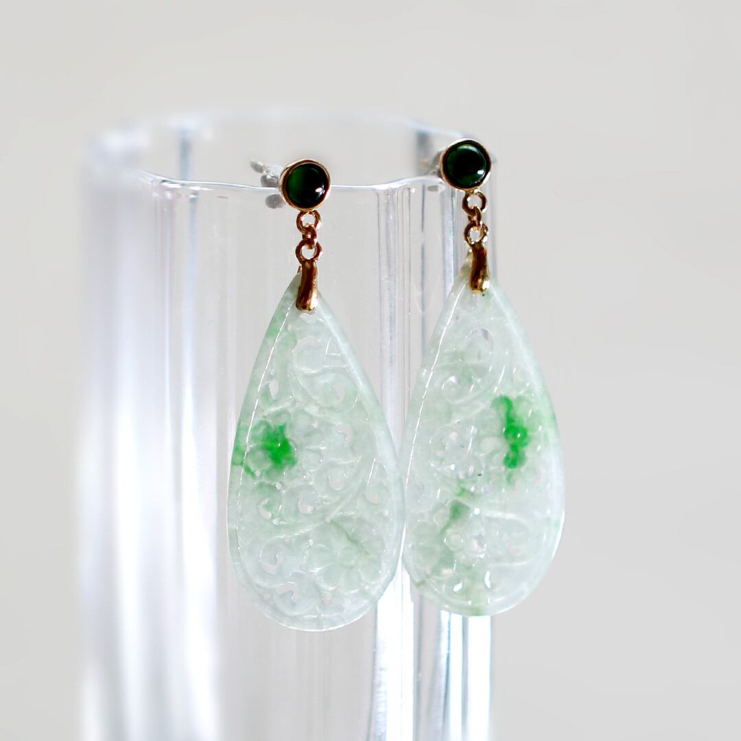 K18YG 透かし彫り翡翠ピアス A貨翡翠 jd_mm1181 | 【MeiNu（メイニュウ