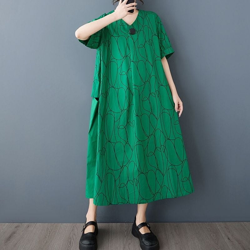 GREEN V-NECK HALF SLEEVES A-LINE LONG PULLOVER DRESS 1color M-13104
