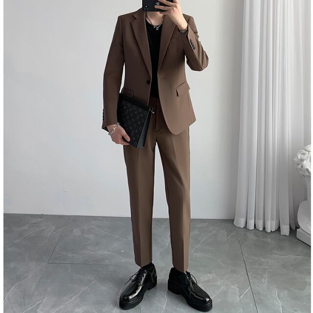 【予約販売】メンズ セットアップ スーツ 無地 ベーシック シック スリム 男前 カーキ ジャケット パンツ セット セットアップ ビジネス 通勤 フォーマル パーティ 二次会 同窓会 結婚式 韓国 トレンド 大きいサイズ M/L/XL/2XL/3XL