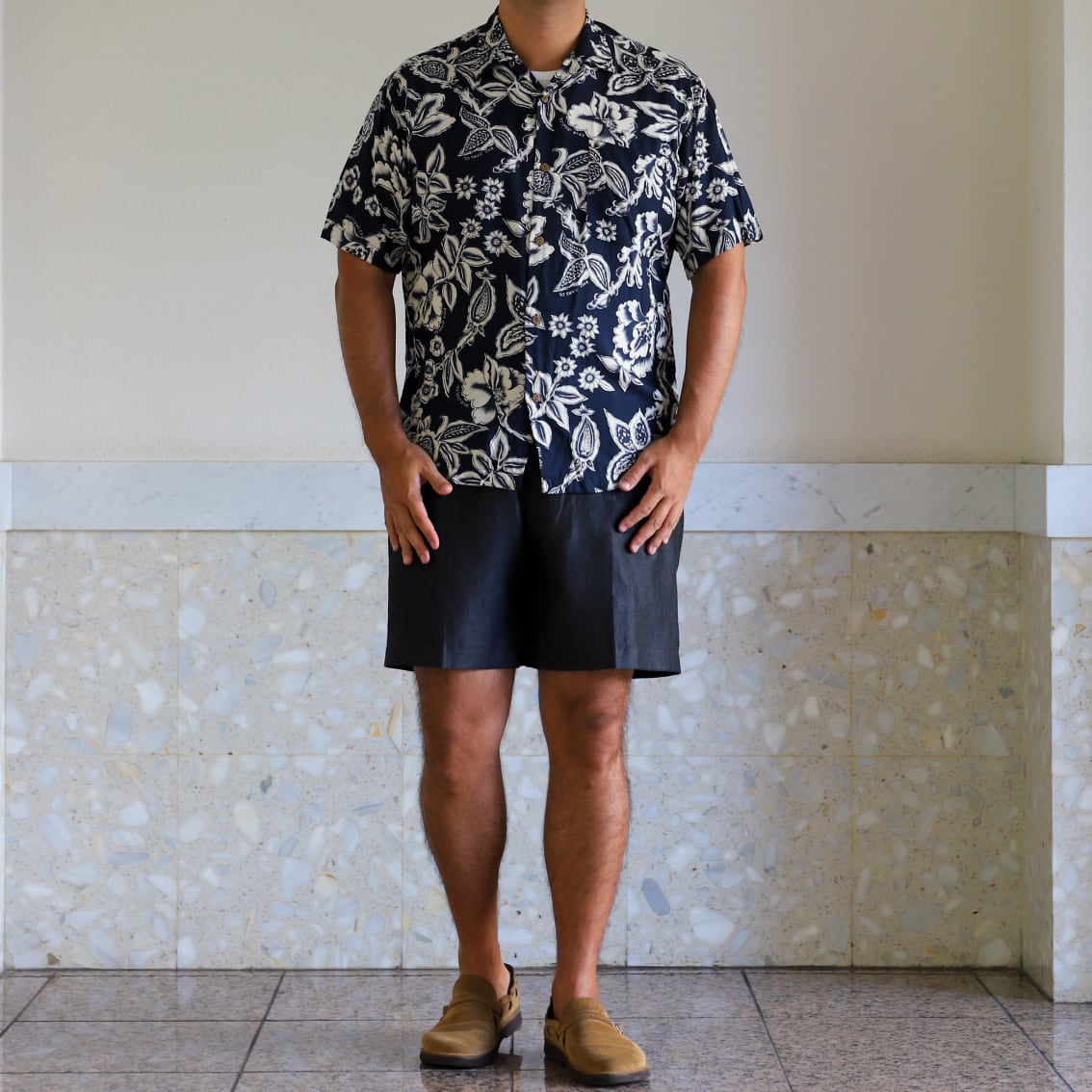 ポロバイラルフローレン オープンカラー アロハシャツ L 総柄 エッフェル塔 極美品】90s Ralph Lauren rayon open collar shirt S/S navy/white