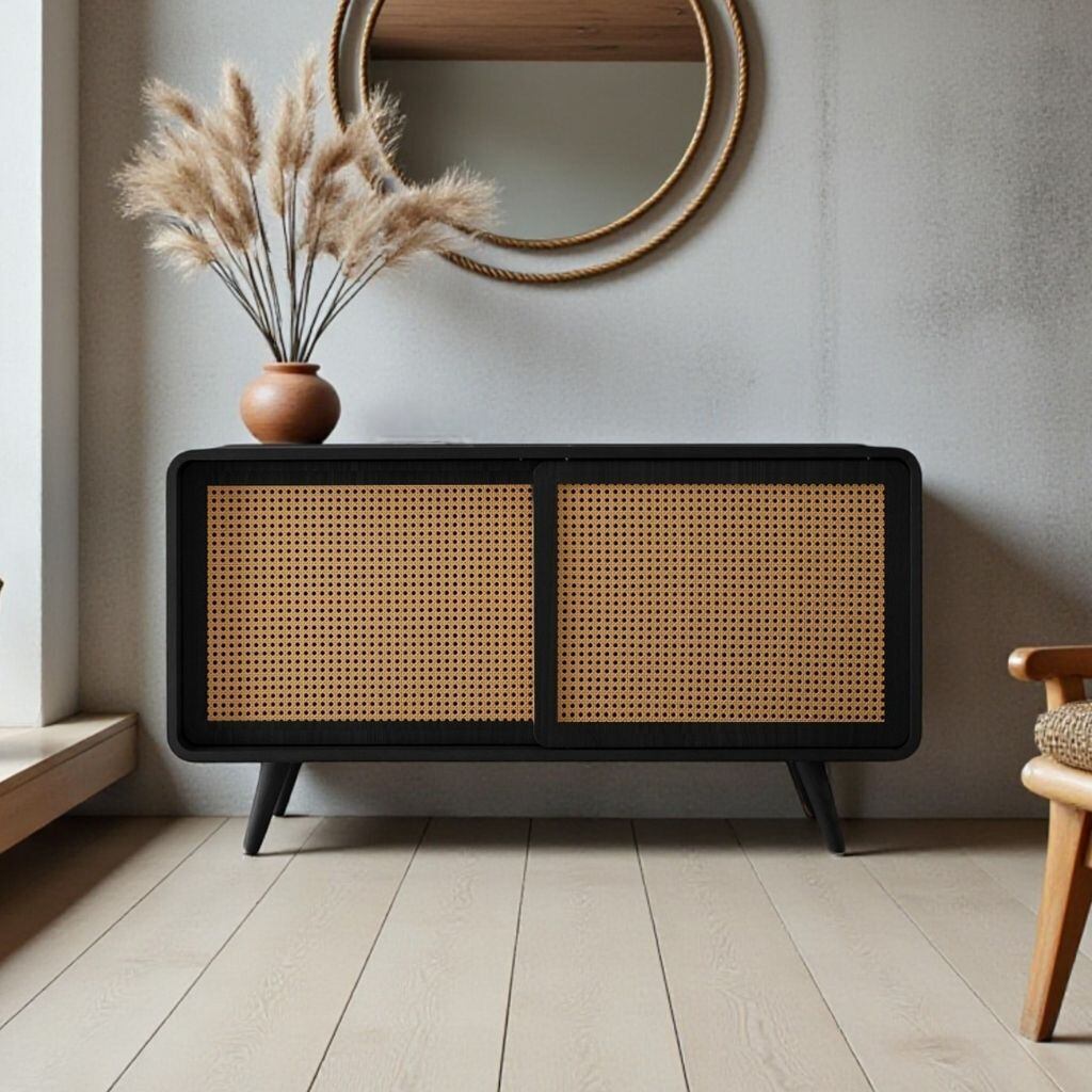 Rattan Cabinet Slide Door Black / ラタンキャビネット 引き戸仕様