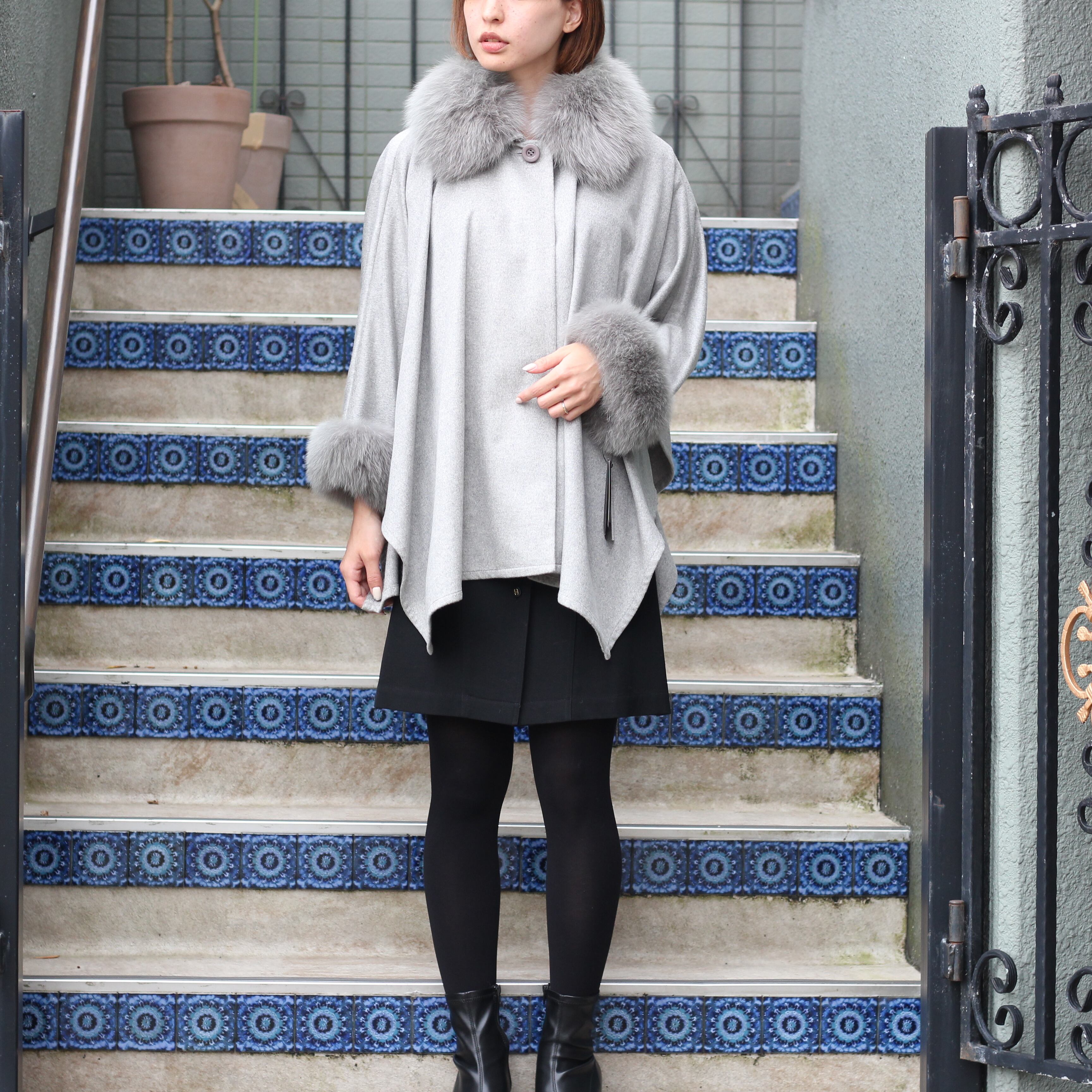 CASHMERE100% FOX FUR CAPE PONCHO/カシミヤ100%フォックスファー ...