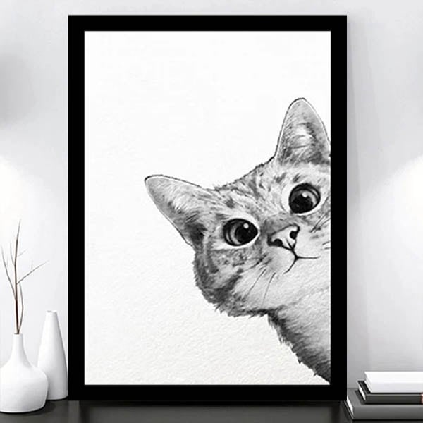 猫のモノクロ絵画 木製フレーム付き 2枚セット 33×43cm アートパネル 枠付き フレーム絵画 のぞき見ネコ 猫