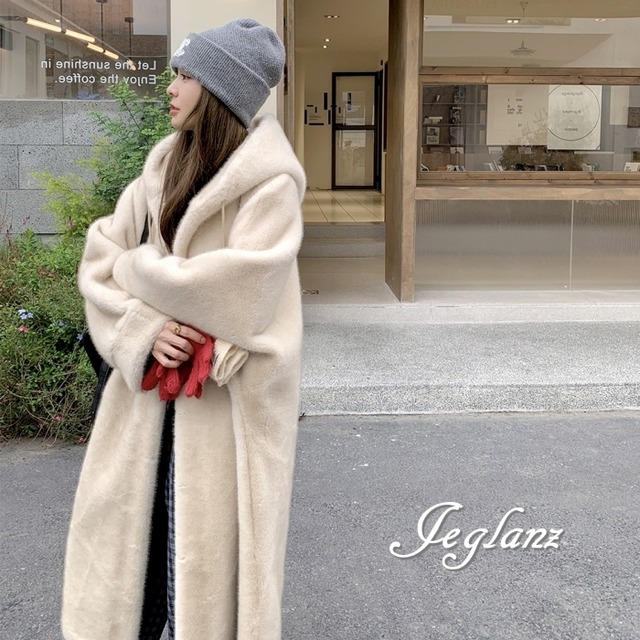 ファー エコファ コート ロング フード付き アウター 着映え  ♪（MB059）φ