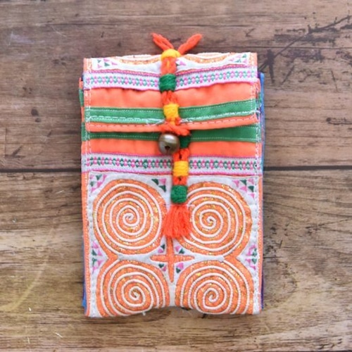 タイ  モン族刺繍  古布 カードケース  オレンジ