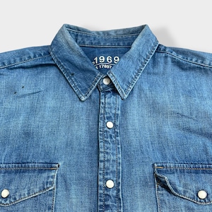 【GAP】デニムシャツ 長袖シャツ フラップポケット 雰囲気系 ダメージ ギャップ XL ビッグサイズ US古着