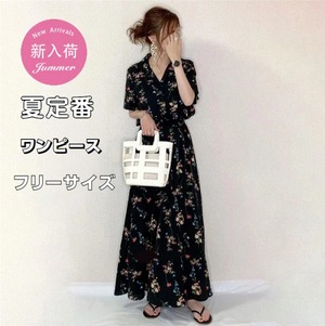 ワンピース 花柄 半袖 レディース 黒 フリーサイズ Vネック ロングワンピース ウエストゴム 上品 かわいい 26LT951