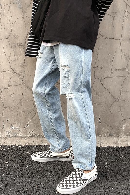 全1色 デニム パンツ ストレート カジュアル ダメージ おしゃれ