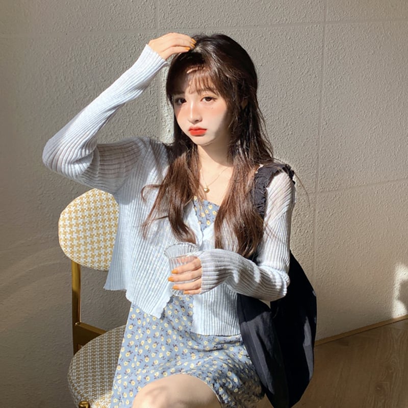 サマー薄手ニットバックル カーディガン 夏物 シルク 萌量不足92642644642